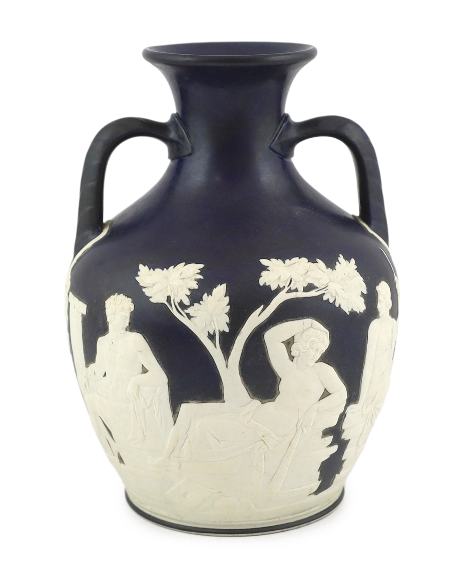 A Wedgwood dark blue glazed and white sprigged replica of the Portland vase, late 19th century